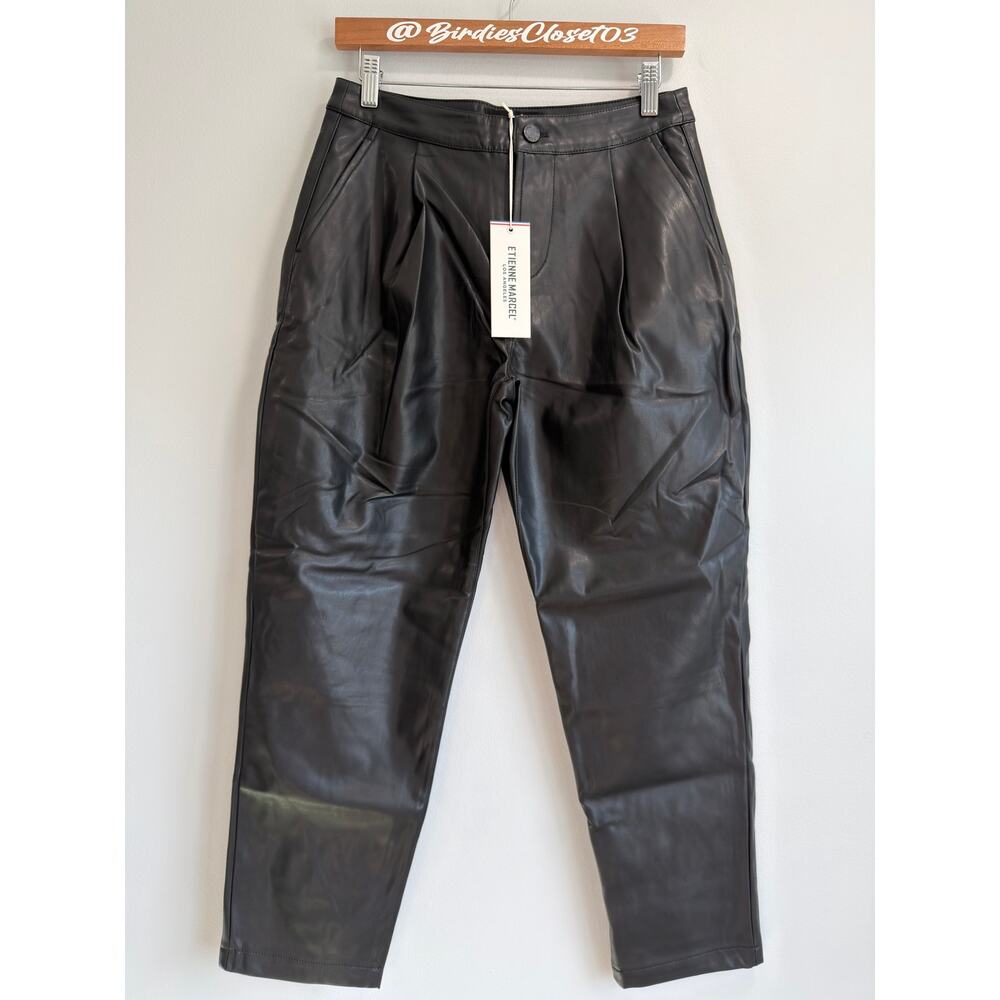 Etienne Marcel Pleated Black Faux Leather Trouser Pant Stretch NWT 25